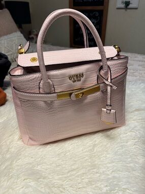 Guess Pale Pink Croc-Embossed Top-Handle Satchel with Gold Hardware